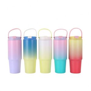 30oz Stainless Steel Tumbler Gradient Color With Handle and Straw Portable Handheld Travel Mug Insulated <b>Cold</b> Hot Water <b>Cup</b> - Product Image 3