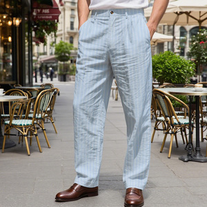 <span class=keywords><strong>Pantaloni</strong></span> Casual da Uomo in <span class=keywords><strong>Lino</strong></span> <span class=keywords><strong>a</strong></span> <span class=keywords><strong>Righe</strong></span> Vintage, Stile Retrò, Traspiranti e Comodi per l'Estate - Product Image 1