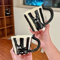 Ensemble tasse et soucoupe en céramique noire gaufrée chat, avec poignée unique en forme de queue de chat, en porcelaine, pour café, maison, cadeau