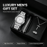 Ensemble cadeau de bijoux pour homme tendance : montre-bracelet à quartz de luxe, collier croix argentée, bracelet chaîne gourmette et bague (4 pièces)