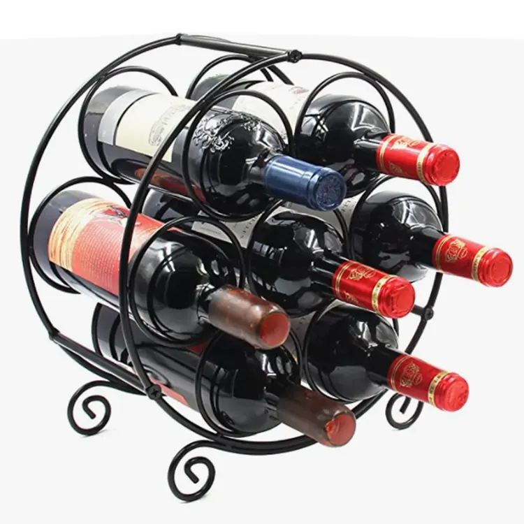 Rack de vinho de metal com 7 garrafas, prateleira redonda, armazenamento de vinho
