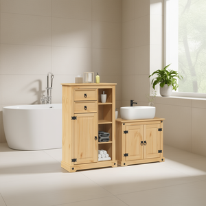 Juego de Muebles de Baño de Madera de Pino Macizo Color Miel, Estilo Tradicional Rectangular con Detalles Metálicos, Gabinete de Almacenamiento para Baño - Product Image 2