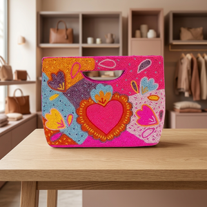 Pochette de soirée artisanale en forme de cœur perlé avec doublure en velours, sac à main de mariage coloré de style ethnique - Product Image 2