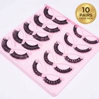 10 paires de faux cils en cheveux synthétiques, 2 styles, 3D, denses, effilés, croisés, évasés, réutilisables, plateau rose, 20 pièces, vente en gros, pour femmes