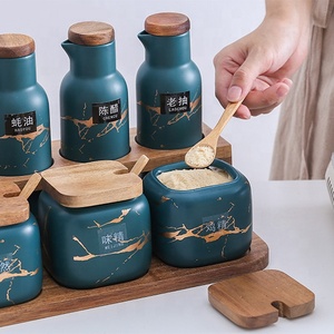 Ensemble de distributeurs en céramique de 8 oz et <span class=keywords><strong>vinaigre</strong></span>, kit de condiments en porcelaine avec Base en bambou - Product Image 5