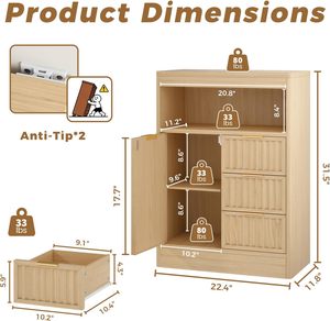 SMORBOSS Modern Oak Panel Coffee Bar Cabinet Fluted Design 3 Drawers Adjustable <strong>Shelf</strong> Rounded <strong>Edges</strong> Dining Room <strong>Living</strong> Room - Product Image 2