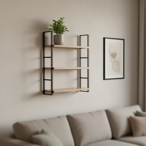 ชั้นวางของติดผนังแบบมินิมอล ไม้สามชั้น รูปทรงสี่เหลี่ยมผืนผ้า สำหรับห้องนั่งเล่น สีน้ำตาลเคลือบเงา - Product Image 2