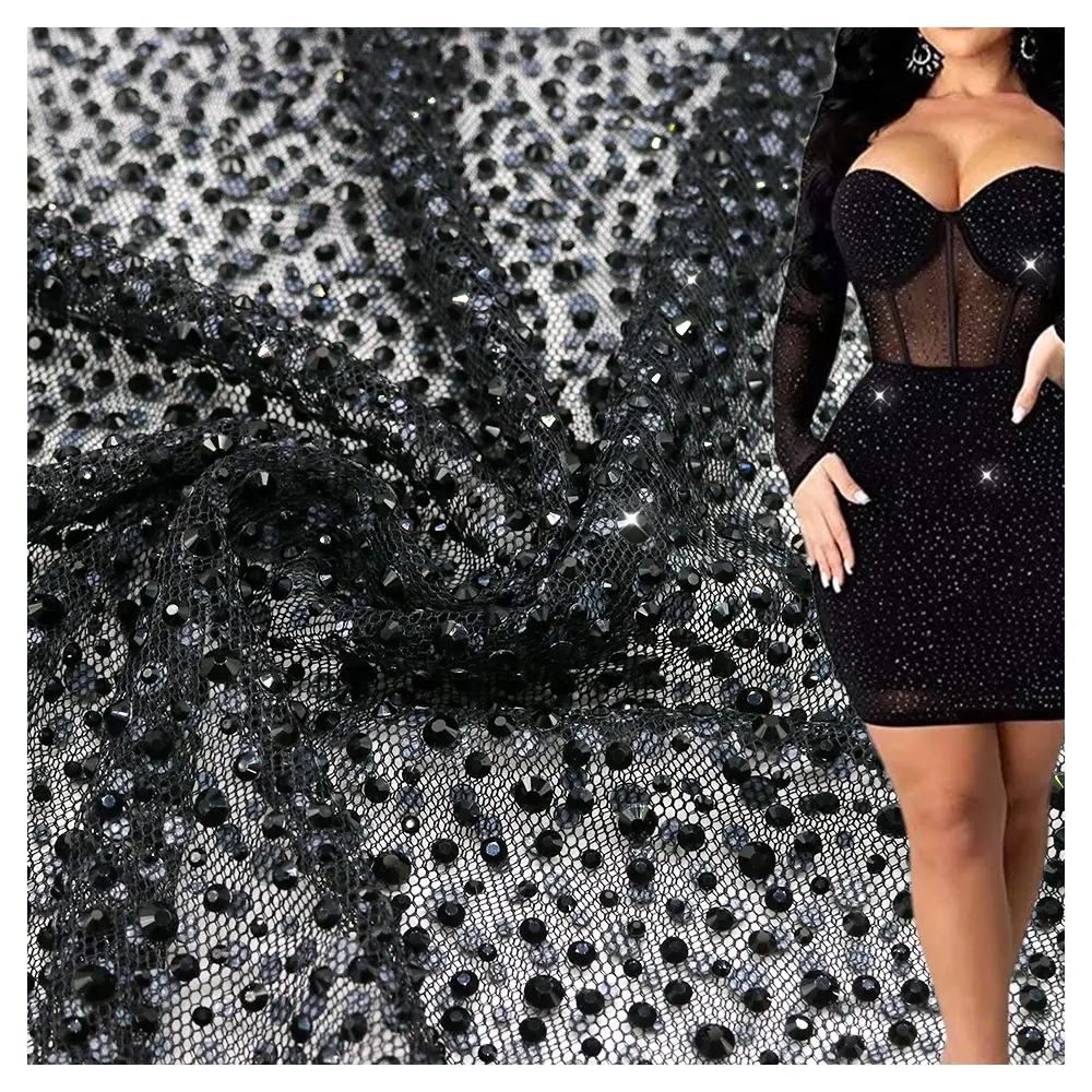 Fabrika fiyat siyah kristal plastik elbise için yapay elmas ağ kumaş Rhinestones kumaş aksesuarları