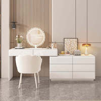 Coiffeuse moderne blanche à longueur réglable avec 6 tiroirs et miroir sur pied, station de maquillage en bois pour salon