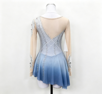 Robe de patinage artistique à manches longues dégradé bleu argenté, dos en V en maille, jupe ornée de strass pour filles adultes, compétition et performance