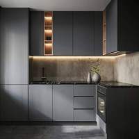 Armoires de cuisine sans poignées en graphite mat Vermont, en forme de L, modulaires, avec rangement LED pour projets résidentiels