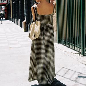 Nouvelle robe maxi en coton à carreaux pour femme, col carré, dos nu, coupe ajustée, robe maxi pour soirée - Product Image 2