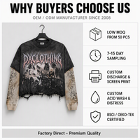 T-shirt à manches longues 300 g/m² avec manches en maille contrastante, délavage acide personnalisé, impression graffiti effet vieilli prononcé avec logo métallique, style streetwear, OEM ODM