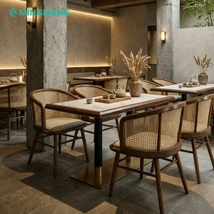 Modern <b>Restaurant</b> Table <b>Set</b> Wood Frame Rattan Chairs Faux Marble Top Minimalist Design For Dining Furniture - Product Image 1