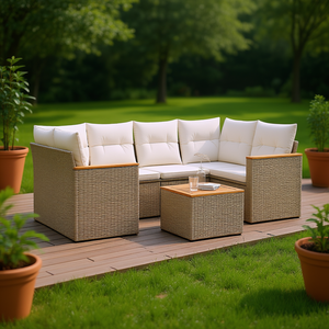 Beige Pe <b>Rattan</b> Garden <b>Sofa</b> Set With Powder Coated Steel Frame Acacia Wood Outdoor Furniture Contemporary Design 6 Seater - Product Image 2