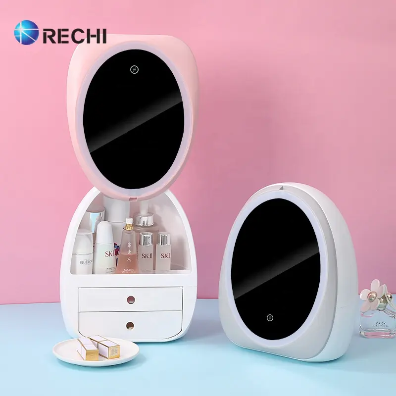 RECHI hogar cosméticos caja de almacenamiento para hacer Perfume y de cuidado de la piel de la Organización caja con 360 Led giratoria espejo y dos cajones