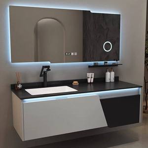 Modern Seamless Sintered Stone <b>Bathroom</b> <b>Vanity</b> with Integrated Ceramic Basin, Waterproof Oak <b>Bathroom</b> Cabinet Set - Product Image 1