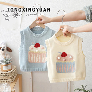 Girls Knitted Vest Cartoon Cupcake Design Cotton Sweater Sleeveless For Children Autumn Wear Pink Off White Blue - Product Image 4