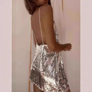 Sequin V-Neck Sleeveless <b>Spaghetti</b> Strap Dress Natural Waist <b>Long</b> Skirt Club Wear - Product Image 3