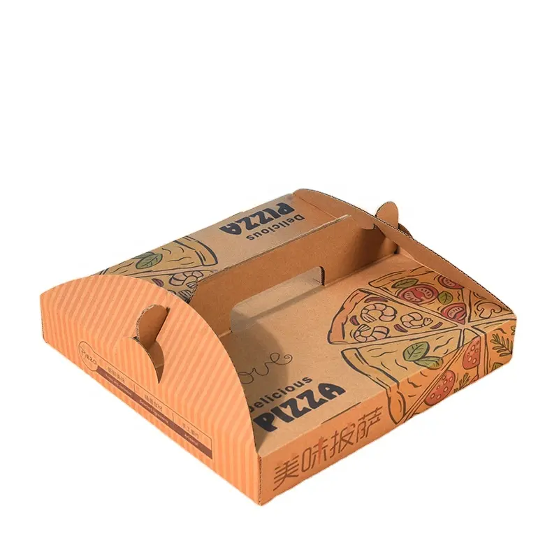 Toptan büyük ve küçük kahverengi kağıt ambalaj kutusu kolu taşınabilir Pizza kutusu özelleştirilmiş