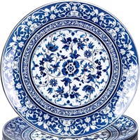 Assiette en plastique imitation porcelaine bleue et blanche, style chinois rétro, compatible micro-ondes, motif végétal, pour le commerce transfrontalier