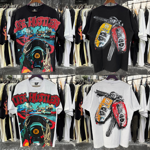 เสื้อยืดสตรีทแวร์พิมพ์ลายแบบคราค์ ย้อมเอนไซม์ แอซิดวอช ทรงหลวม หนัก 240 กรัม ผ้าเจอร์ซีย์ ทรงบ็อกซี่ ขาดๆ แบบดิสเทรส สำหรับผู้ชาย - Product Image 2