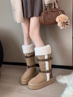 Sepatu Bot Salju Platform Wanita 2025 Musim Dingin Model Baru Setengah Betis Suede Kerah Bulu Keriting Sabuk Berlapis Bulu Domba Buatan Sol Tengah