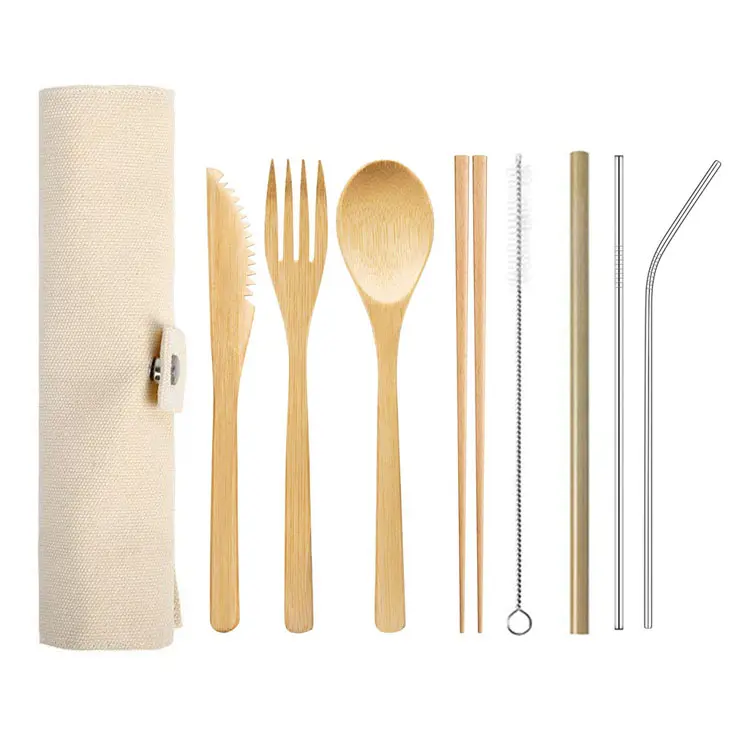 Set di posate in legno di bambù da viaggio con forchetta e cucchiaio per spazzolino da denti in paglia di bambù biodegradabile