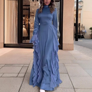 Robe de soirée pour femme, col rond, manches évasées, taille haute, asymétrique, couleur unie, blanc, bleu, noir, rouge, rose, fibre de polyester - Product Image 2
