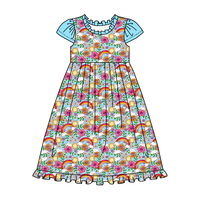 Großhandel Tierdruck Mädchen Prinzessinnenkleid Maßgeschneidertes Muster Sommer Langes Spitzenkleid Laternenärmel Weiches Kinderkleid