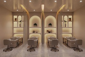 Design d'intérieur de salon de beauté de luxe, suite de salon de coiffure moderne, mobilier sur mesure, marbre, verre, or champagne, design clé en main pour spa - Product Image 5