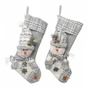 高品质顶级卖家毛绒格子可爱图案圣诞长袜灰色散装圣诞长袜