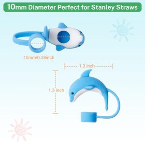 Protectores de Silicona/PVC para Pajitas con Diseños de Animales Marinos, Protección Antipolvo, Compatibles con Vasos de 30 y 40 Onzas, Puntas para Pajitas de 10 mm - Product Image 2