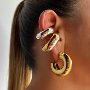 Chunky 18K Pvd Gold Plated Lightweight Hoop Earrings For Women Waterproof Jewelry Statement Stainless Steel Earring Cuff