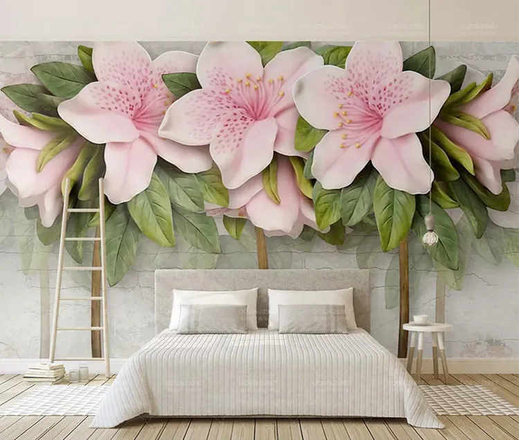 Kabartmalı pembe çiçek duvar kağıdı ev dekorasyon yaprakları tuğla 3d duvar resmi duvar kağıdı
