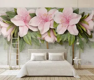 Embossed pink flowers wallpaper home decoration leaves brick 3d wall mural wallpaper