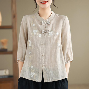 Chinese Style Stand Up Collar Shirt Women Blue Cotton Linen Three Quarter Sleeve Embroidered Blouse Everyday Wear - Product Image 2