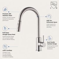 Robinet de cuisine extractible KIDOIR à arc haute, en acier inoxydable 304, avec douchette droite, monocommande, finition brossée, certifié cUPC
