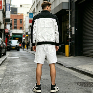 Ensemble coupe-vent 2 pièces pour homme, imprimé color-block, streetwear, veste à col montant entièrement zippée + short en mesh à boutons-pression latéraux, ensemble de survêtement - Product Image 6