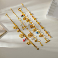 Gelang Wanita Trendy Dua Lapis dengan Liontin Mata Iblis, Kupu-kupu, Bunga, Mutiara Akrilik Emas, dan Berlian