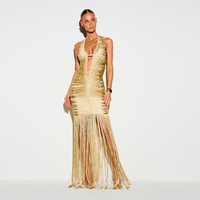 Nouvelle Robe Longue Sexy 2026 pour Femmes, Col Halter, Décolleté Plongeant, à Franges, en Tissu Soie Lactée, Dos Nu, Prix Abordable