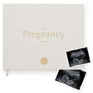 Journal de bébé luxueux personnalisable en lin avec couverture rigide, logo gaufré or, un livre de souvenirs de grossesse luxueux, carnets personnalisés - Product Image 1