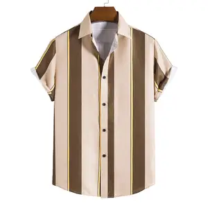 नई आकस्मिक धारीदार पुरुषों की अंचल लघु आस्तीन टी शर्ट कस्टम आकस्मिक बटन शर्ट