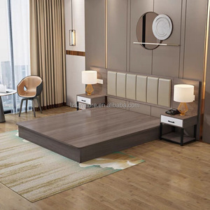 <b>Low</b> Priced 3 Star Hotel <b>Bed</b> Set Wooden <b>Frame</b> with Vertical Panel Upholstered Headboard and Matching Nightstands for Budget Hotel - Product Image 1