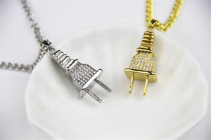 ZRM Fashion Jewelry Zinc Alloy Classic Crystal Charm Gold and Silver <strong>Plug</strong> Pendant Necklace with Link <strong>Chain</strong> for Men and Women - Product Image 2