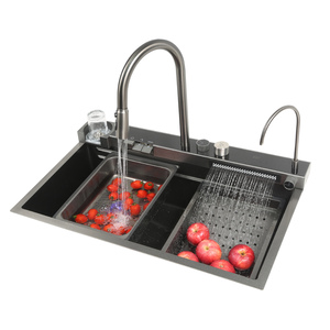 Moderno <span class=keywords><strong>lavello</strong></span> da <span class=keywords><strong>cucina</strong></span> a tazza singola fatto a mano rubinetto a cascata nero multifunzione con sistema di drenaggio a tre fori - Product Image 2