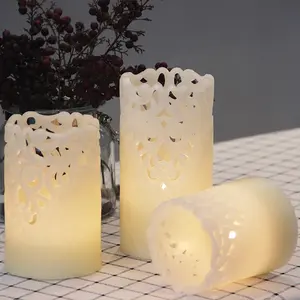 Conjunto elegante de 3 velas sem chama LED esculpidas em cera marfim para casamento