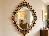 Miroir mural ovale vintage de luxe, antique, orné, baroque, avec cadre en PU, décoration d'intérieur pour entrée, chambre, salle de bain, salon