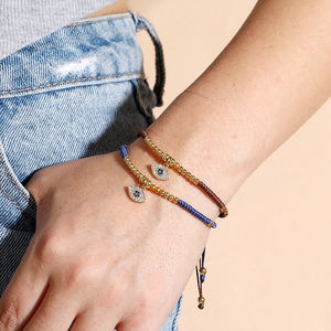 Nouvel Arrivage Bracelet Ajustable pour Homme, Fait Main en Corde Cirée avec Pendentif Œil Bleu et Breloque Œil Turc en Cuivre Plaqué Or 18K, Cadeau - Product Image 3