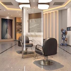 Ensemble de miroirs de salon sur pied en cuir doré, simple ou double face, <span class=keywords><strong>avec</strong></span> <span class=keywords><strong>éclairage</strong></span> LED, design moderne et épuré pour salons de coiffure - Product Image 6